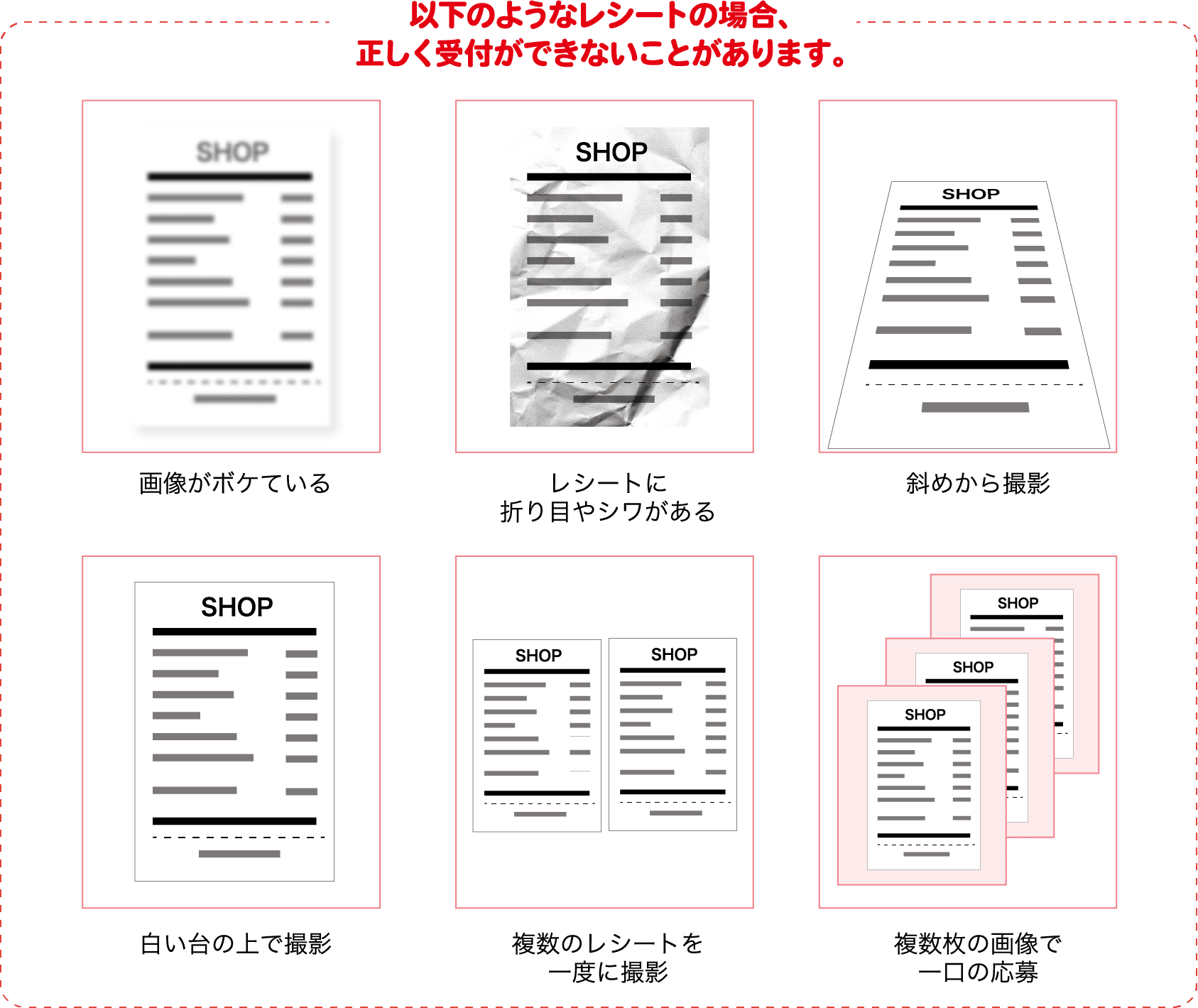 以下のようなレシートの場合、正しく受付ができないことがあります。画像がボケている レシートに折り目やシワがある 斜めから撮影 白い台の上で撮影 複数のレシートを一度に撮影 複数枚の画像で一口の応募