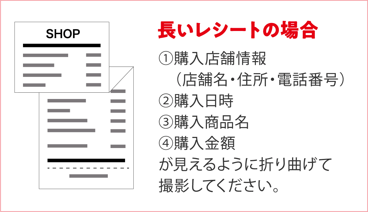 長いレシートの場合 ①購入店舗情報（店舗名・住所・電話番号） ②購入日時 ③購入商品名 ④購入金額 が見えるように折り曲げて撮影してください。