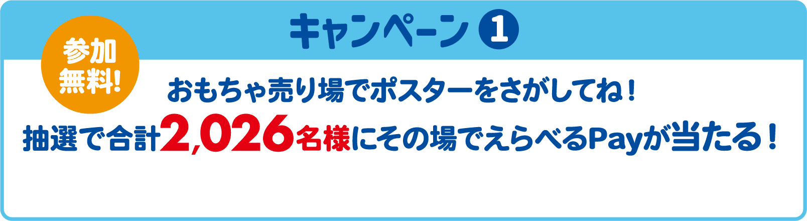 キャンペーン① 参加無料！おもちゃ売り場でポスターをさがしてね！抽選で合計2,026名様にその場でえらべるPayが当たる！