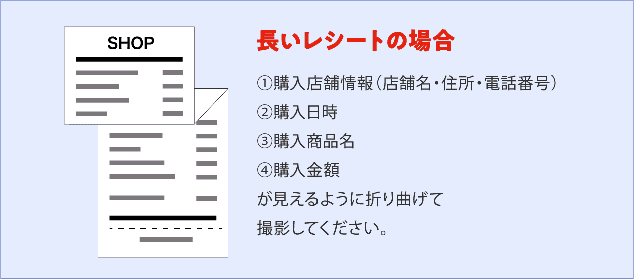 長いレシートの場合 ①購入店舗情報（店舗名・住所・電話番号） ②購入日時 ③購入商品名 ④購入金額 が見えるように折り曲げて撮影してください。