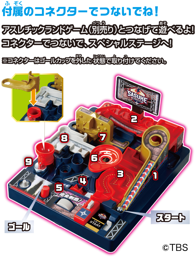 付属のコネクターでつないでね！アスレチックランドゲーム（別売り）とつなげて遊べるよ！コネクターでつないで、スペシャルステージへ！※コネクターはゴールカップを外した状態で取り付けてください。©TBS