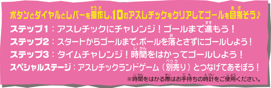 ボタンとダイヤルとレバーを操作し、10つのアスレチックをクリアしてゴールを目指そう♪ ステップ1：アスレチックにチャレンジ！ゴールまで進もう！ ステップ2：スタートからゴールまで、ボールを落とさずにゴールしよう！ ステップ3：タイムチャレンジ！時間をはかってゴールしよう！スペシャルステージ：アスレチックランドゲーム（別売り）とつなげてあそぼう！※時間をはかる際はお手持ちの時計をご使用ください。