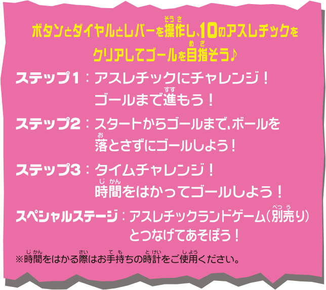 ボタンとダイヤルとレバーを操作し、10つのアスレチックをクリアしてゴールを目指そう♪ ステップ1：アスレチックにチャレンジ！ゴールまで進もう！ ステップ2：スタートからゴールまで、ボールを落とさずにゴールしよう！ ステップ3：タイムチャレンジ！時間をはかってゴールしよう！スペシャルステージ：アスレチックランドゲーム（別売り）とつなげてあそぼう！※時間をはかる際はお手持ちの時計をご使用ください。