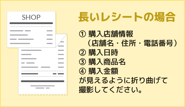 長いレシートの場合　①購入店舗情報（店舗名・住所・電話番号）　②購入日時　③購入商品名　④購入金額　が見えるように折り曲げて撮影してください。