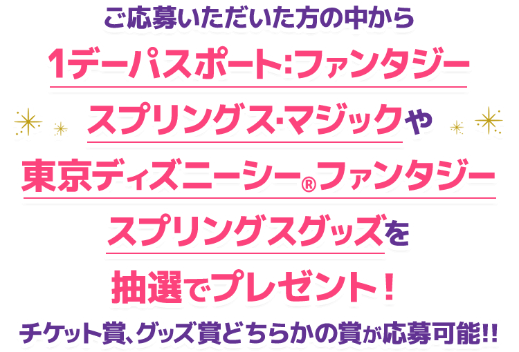 ご応募いただいた方の中から1デーパスポート:ファンタジースプリングス・マジックや東京ディズニーシー®ファンタジースプリングスグッズを抽選でプレゼント！チケット賞、グッズ賞どちらかの賞が応募可能!!