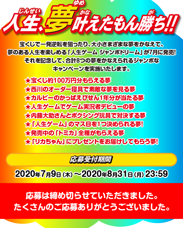 応募受付期間：2020年7月9日（木）～2020年8月31日（月）23：59　応募方法：★賞品ごとに設定されている応募フォームに入力して、ご応募ください。★複数の夢にご応募いただくことも可能です（ただし、重複当選はありません）