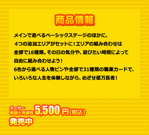メインで遊べるベーシックステージのほかに、４つの追加エリアがセットに！エリアの組み合わせは全部で16種類。
その日の気分や、遊びたい時間によって自由に組み合わせよう！6色から選べる人物ピンや全部で31種類の職業カードで、いろいろな人生を体験しながら、めざせ億万長者！ 5,500円(税込) 発売中