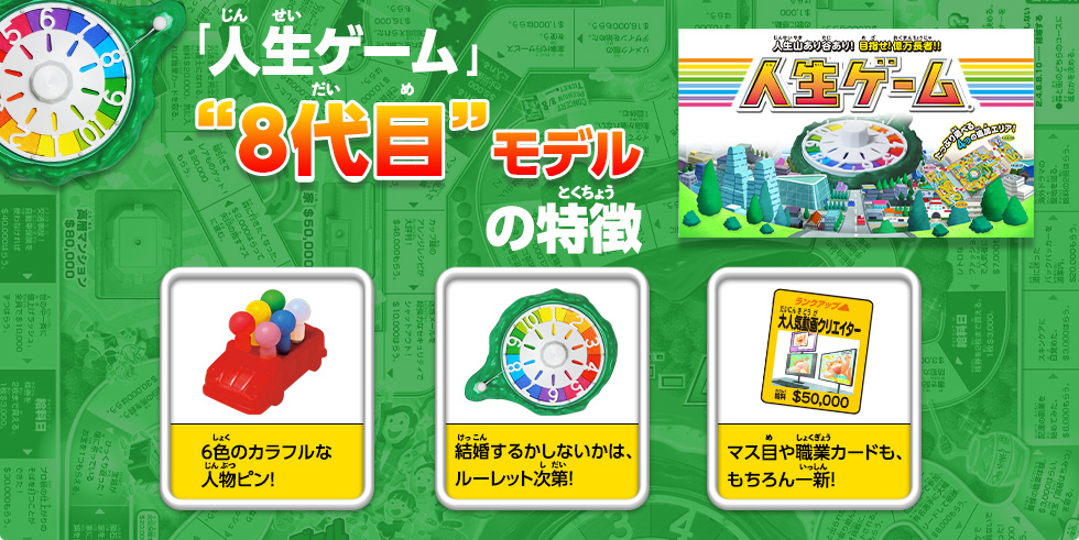 「人生ゲーム」“８代目”モデルの特徴 6色のカラフルな人物ピン！ 結婚するかしないかは、ルーレット次第！ マス目や職業カードも、もちろん一新！