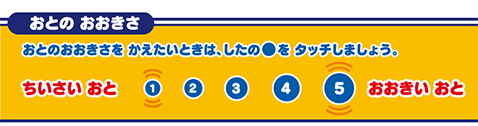 おとのおおきさ おとのおおきさをかえたいときは、したの●をタッチしましょう。