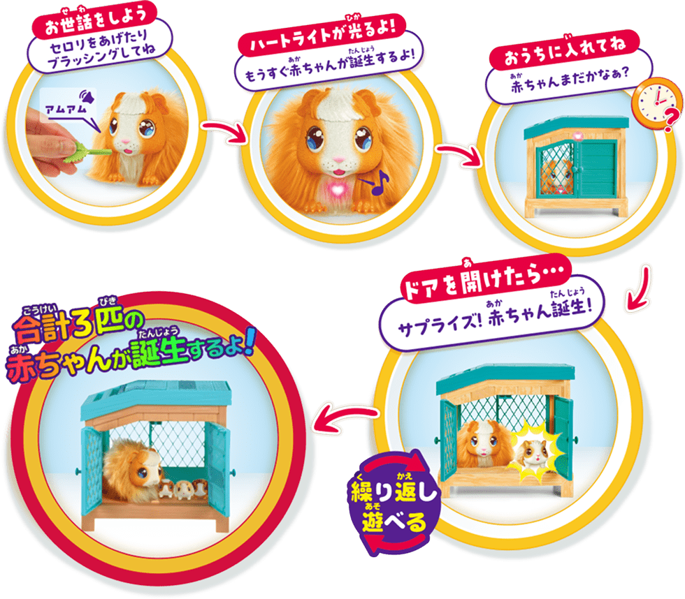 お世話をしよう セロリをあげたりブラッシングしてね→ハートライトが光るよ！ もうすぐ赤ちゃんが誕生するよ！→おうちに入れてね 赤ちゃんまだかなぁ？→ドアを開けたら…サプライズ！赤ちゃん誕生！繰り返し遊べる→合計3匹の赤ちゃんが誕生するよ！