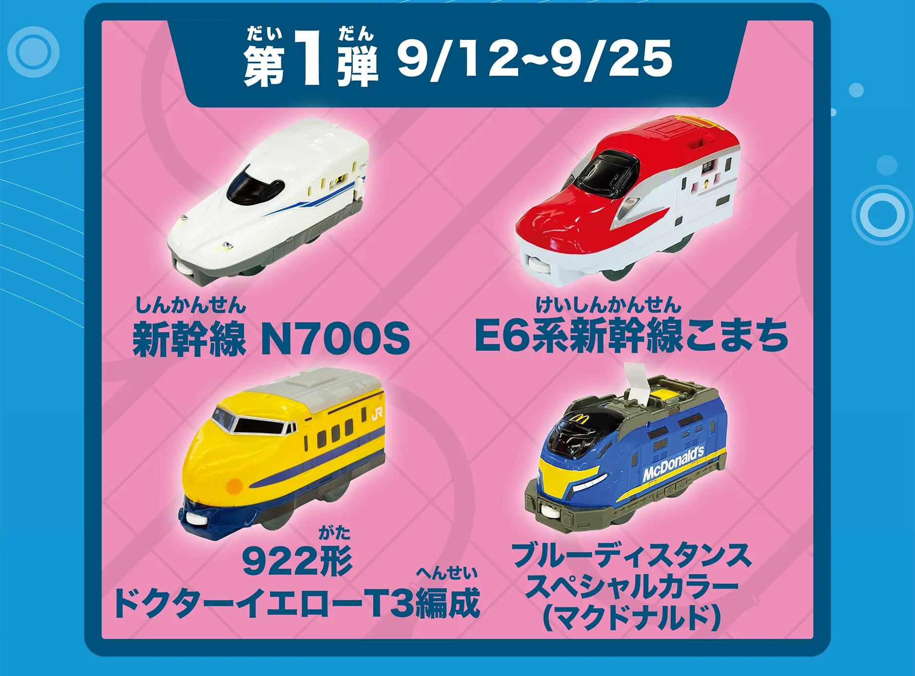 第1弾 9/12〜9/25｜新幹線 N700S｜E6系新幹線こまち｜922形ドクターイエローT3編成｜ブルーディスタンススペシャルカラー（マクドナルド）