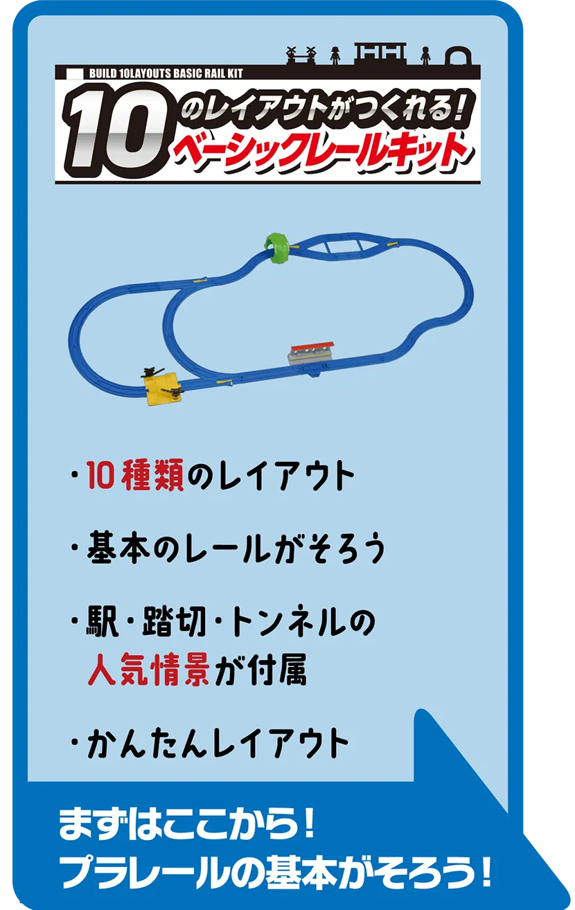 10のレイアウトがつくれる！ベーシックレールセット｜・10種類のレイアウト・基本のレールがそろう・駅/踏切/トンネルの人気情景が付属・かんたんレイアウト｜まずはここから！プラレールの基本がそろう！