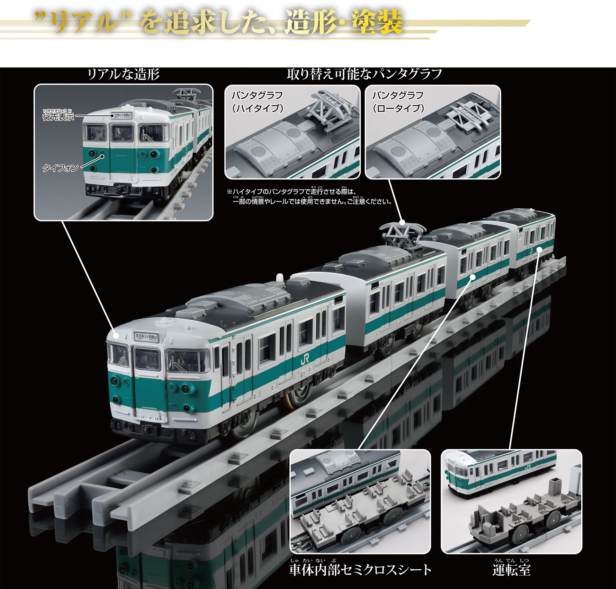 “リアル”を追求した、造形・塗装｜『リアルな造形』：行先表示器・タイフォン｜『取り替え可能なパンタグラフ』：〔パンタグラフ（ハイタイプ）｜パンタグラフ（ロータイプ〕｜※ハイタイプのパンタグラフで走行させる際は、一部の情景やレールでは使用できません。ご注意ください。｜『車体内部セミクロスシート』｜『運転室』