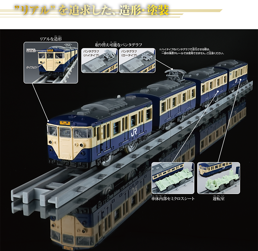 “リアル”を追求した、造形・塗装｜リアルな造形｜取り替え可能なパンタグラフ｜車体内部セミクロスシート｜運転室
