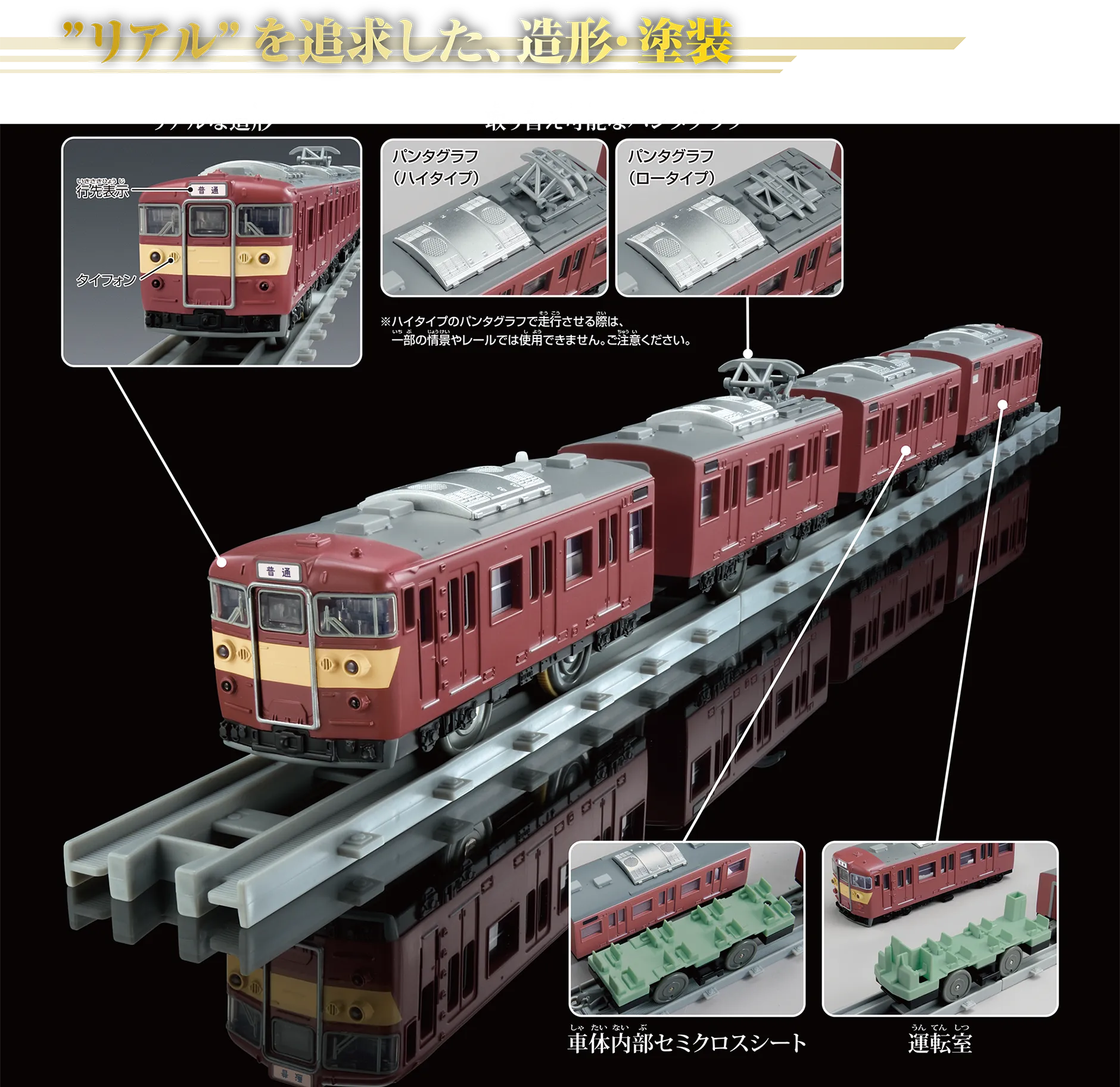 “リアル”を追求した、造形・塗装｜『リアルな造形』：行先表示、タイフォン｜『取り替え可能なパンタグラフ』：〔パンタグラフ（ハイタイプ）｜パンタグラフ（ロータイプ〕｜※ハイタイプのパンタグラフで走行させる際は、一部の情景やレールでは使用できません。ご注意ください。｜『車体内部セミクロスシート』｜『運転室』