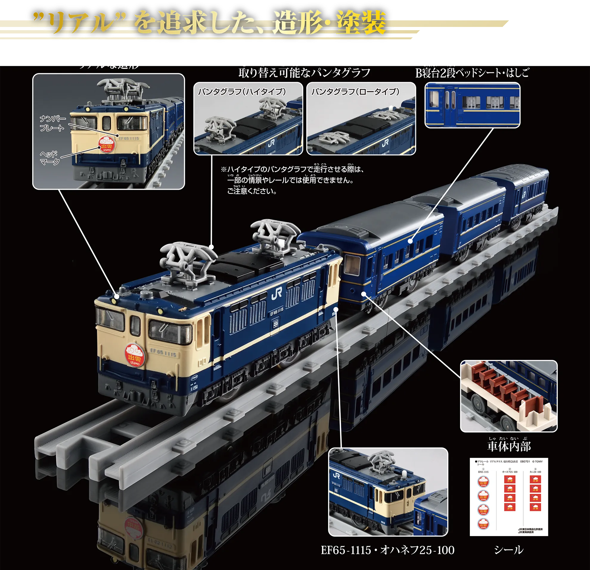 “リアル”を追求した、造形・塗装｜『リアルな造形』：ナンバープレート、ヘッドマーク｜『取り替え可能なパンタグラフ』：〔パンタグラフ（ハイタイプ）｜パンタグラフ（ロータイプ〕｜※ハイタイプのパンタグラフで走行させる際は、一部の情景やレールでは使用できません。ご注意ください。｜『B寝台2段ベッドシート・はしご』｜『EF65-1115・オハネフ25-100』｜『車体内部』｜『シール』