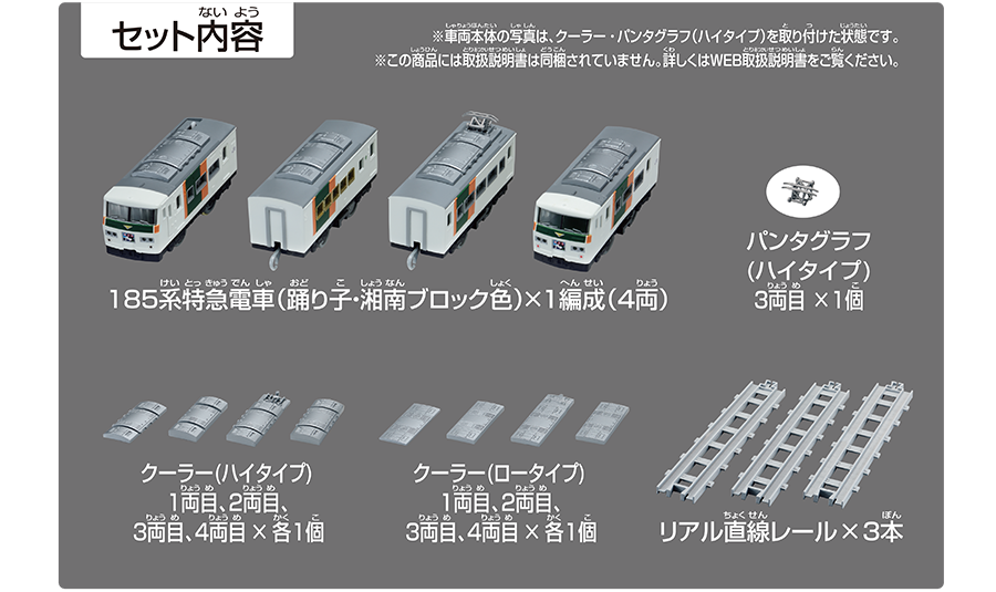 セット内容｜185系特急電車（踊り子・湘南ブロック色）×1編成（4両）｜パンタグラフ（ハイタイプ）3両目×1個｜クーラー（ハイタイプ）1両目、2両目、3両目、4両目×各1個｜クーラー（ロータイプ）1両目、2両目、3両目、4両目×各1個｜リアル直線レール×3本