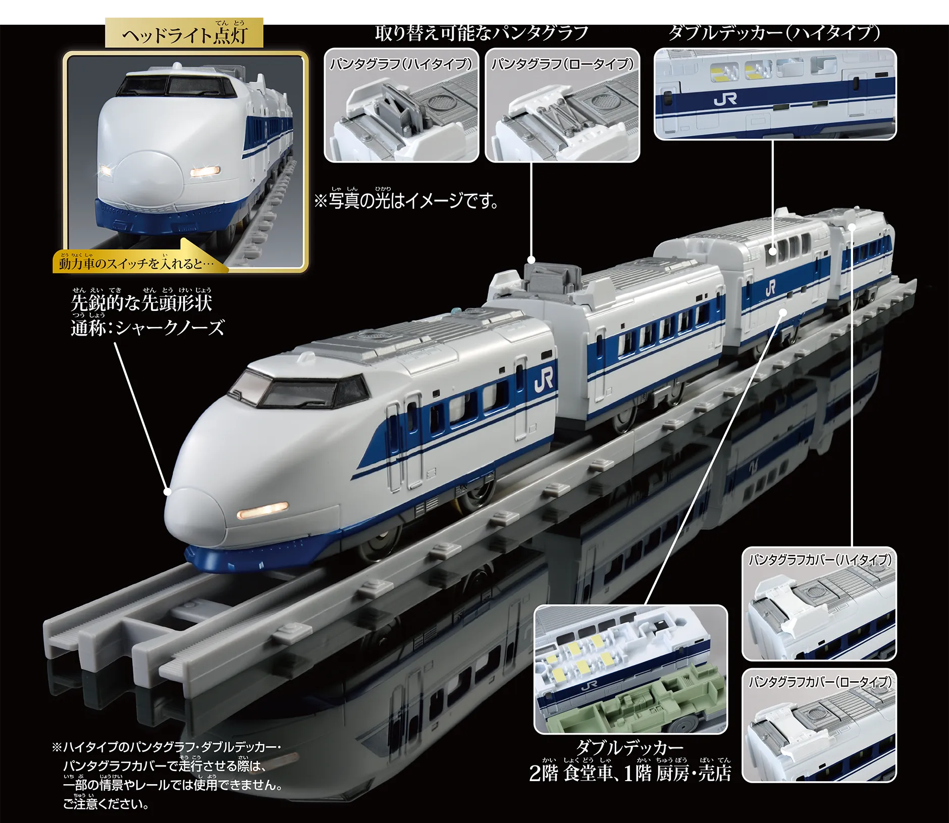 先鋭的な先頭形状 通称：シャークノーズ｜動力車のスイッチを入れると…ヘッドライト点灯 ※写真の光はイメージです。｜取り替え可能なパンタグラフ：パンタグラフ（ハイタイプ）、パンタグラフ（ロータイプ）、ダブルデッカー（ハイタイプ）｜ダブルデッカー：2階食堂車、1階厨房・売店｜パンタグラフカバー（ハイタイプ）、パンタグラフカバー（炉０タイプ）｜※ハイタイプのパンタグラフ・ダブルデッカー・パンタグラフカバーで走行させる際は、一部の情景やレールでは使用できません。ご注意ください。