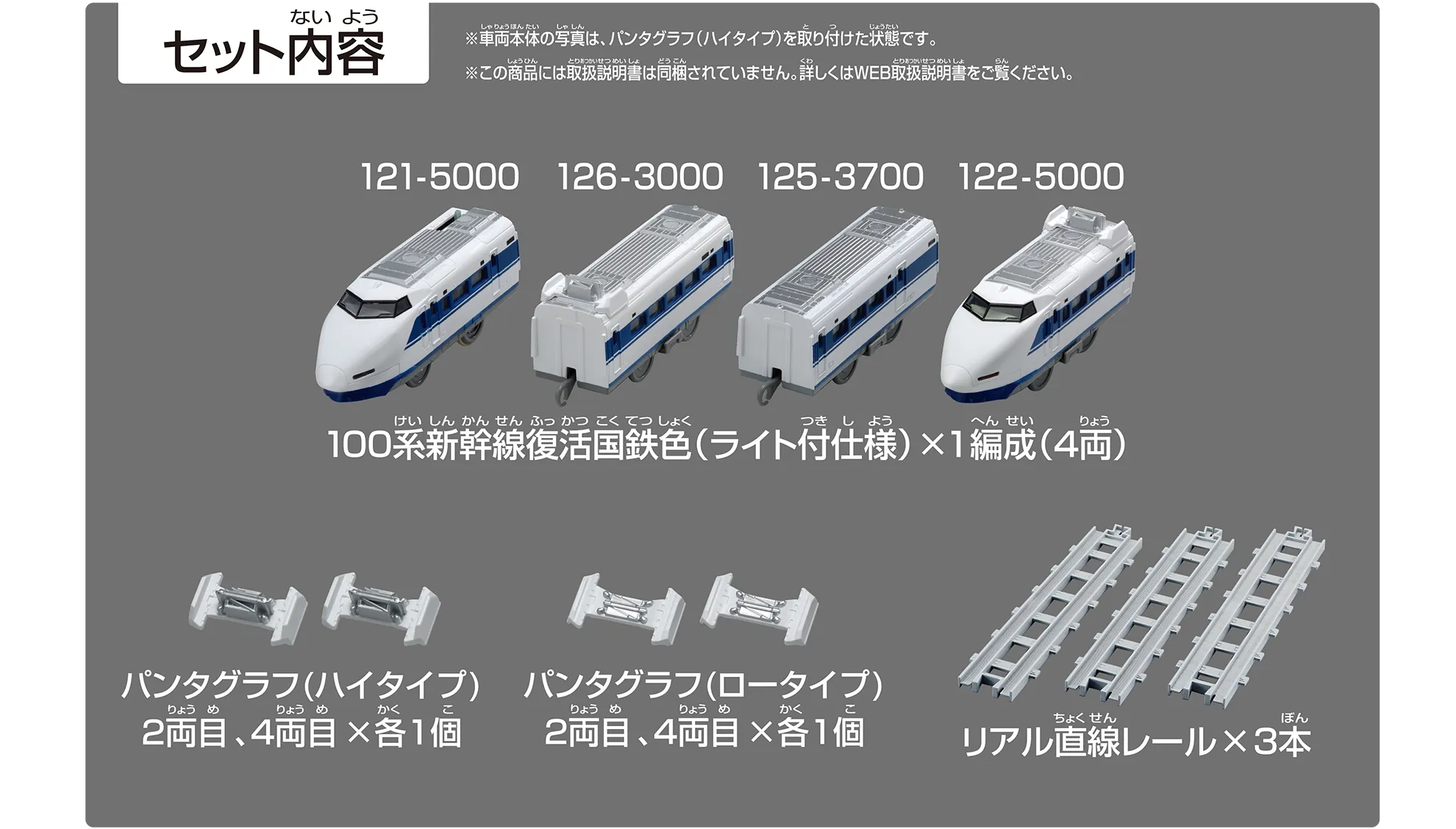 セット内容|プラレール リアルクラス 100系新幹線復活国鉄色(ライト付仕様)×1編成(4両):121-5000 126-3000 125-3700 122-5000|パンタグラフ(ハイタイプ)2両目、4両目×各1個|パンタグラフ(ロータイプ)2両目、4両目×各1個|リアル直線レール×3本|※車両本体の写真は、パンタグラフ(ハイタイプ)を取り付けた状態です。※この商品には取扱説明書は同梱されていません。詳しくはWEB取扱説明書をご覧ください。 セット内容|プラレール リアルクラス 100系新幹線復活国鉄色(ライト付仕様)×1編成(4両):121-5000 126-3000 125-3700 122-5000|パンタグラフ(ハイタイプ)2両目、4両目×各1個|パンタグラフ(ロータイプ)2両目、4両目×各1個|リアル直線レール×3本|※車両本体の写真は、パンタグラフ(ハイタイプ)を取り付けた状態です。※この商品には取扱説明書は同梱されていません。詳しくはWEB取扱説明書をご覧ください。