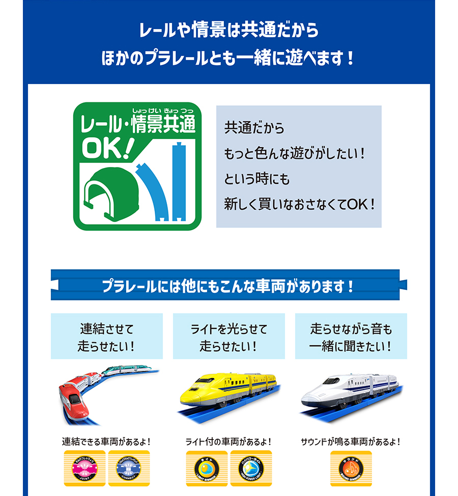 レールや情景は共通だからほかのプラレールとも一緒に遊べます！