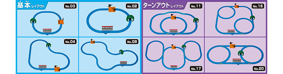 基本レイアウト：No.03 No.02 No.04 No.08｜ターンアウトレイアウト：No.11 No.15 No.17 No.20