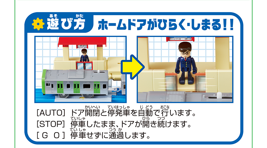 遊び方：ホームドアがひらく・しまる！｜[AUTO]ドア開閉と停発車を自動で行います。[STOP]停車したまま、ドアが開き続けます。[GO]停車せずに通過します。