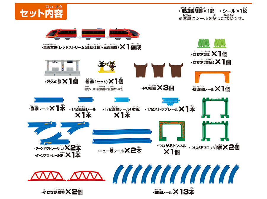 セット内容｜車両本体（レッドストリーム（連結仕様）/三両編成）×1編成｜立ち木（緑）×1個｜立ち木（黄緑）×1個｜郊外の駅×1個｜踏切（1セット）×1個（踏切ベース×1個、警報器×2個、遮断かん×2個）｜PC橋脚×3個｜橋直線レール×1個｜直線レール×1本｜1/2直線レール×1本｜1/2直線レール（水色）×1本｜1/2ストップレール×1本｜ターンアウトレール（L）×2本｜ターンアウトレール（R）×1本｜ニュー坂レール×2本｜つながるトンネル×1個｜つながるブロック橋脚×2個｜小さな鉄橋枠×2個｜曲線レール×13本