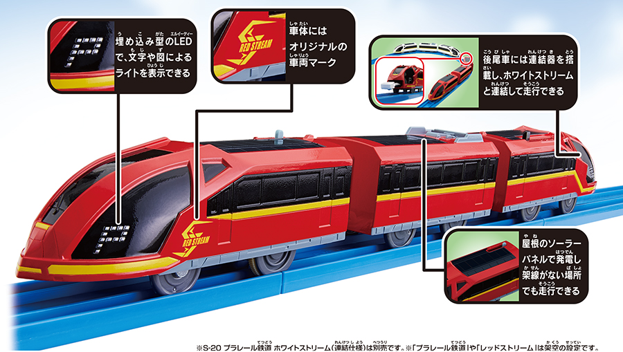 「埋め込み型のLEDで、文字や図によるライトを表示できる」「車体にはオリジナルの車両マーク」「後尾車には連結器を搭載し、ホワイトストリームと連結して走行できる」「屋根のソーラーパネルで発電し、架線がない場所でも走行できる」※S-20 プラレール鉄道 ホワイトストリーム（連結車両）は別売です。※「プラレール鉄道」や「レッドストリーム」は架空の設定です。