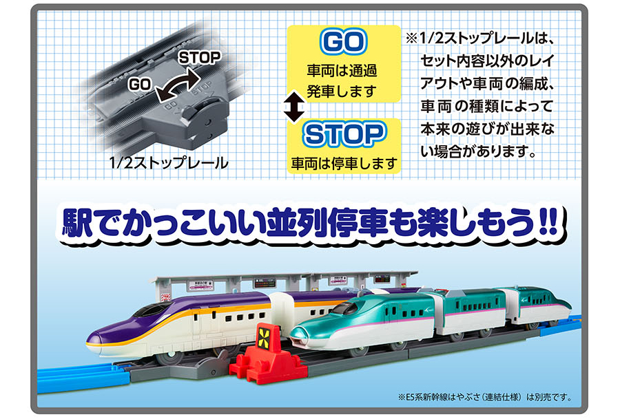 1/2ストップレール｜GO 車両は通過発車します｜STOP 車両は停車します｜※1/2ストップレールは、セット内容以外のレイアウトや車両の編成、車両の種類によって本来の遊びが出来ない場合があります。｜駅でかっこいい並列停車も楽しもう！｜※E5系新幹線はやぶさ（連結仕様）は別売です。