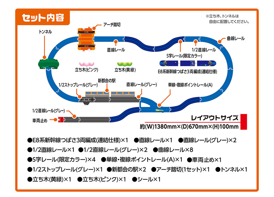 セット内容｜⚫︎E8系新幹線つばさ3両編成（連結仕様）×1 ⚫︎直線レール×1 ⚫︎直線レール（グレー）×2 ⚫︎1/2直線レール×1 ⚫︎1/2直線レール（グレー）×2 ⚫︎曲線レール×8 ⚫︎S字レール（限定カラー）×4 ⚫︎単線・複線ポイントレール（A）×1 ⚫︎車両止め×1 ⚫︎1/2ストップレール（グレー）×1 ⚫︎新都会の駅×2 ⚫︎アーチ踏切（1セット）×1 ⚫︎トンネル×1 ⚫︎立ち木（黄緑）×1 ⚫︎立ち木（ピンク）×1 ⚫︎シール×1｜レイアウトサイズ：約(W)1380mm×（D）670mm×（H )100mm｜※立ち木、トンネルは自由に配置してください。