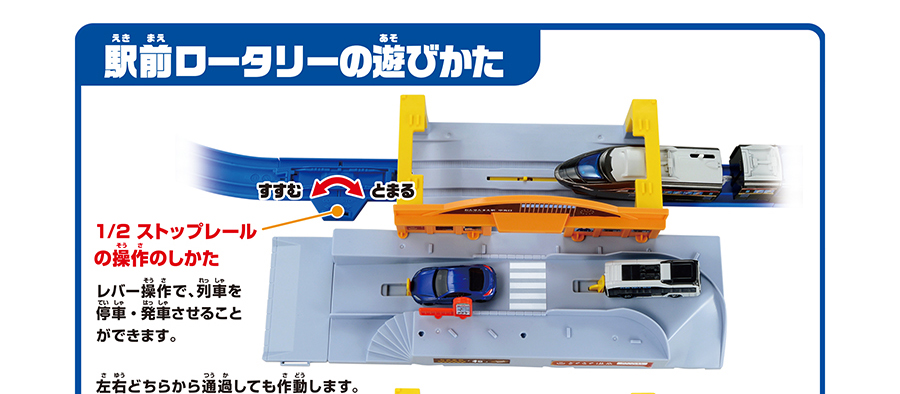 駅前ロータリーの遊びかた｜1/2ストップレールの操作のしかた｜レバー操作で、列車を停車・発車させることができます。左右どちらから通過しても作動します。