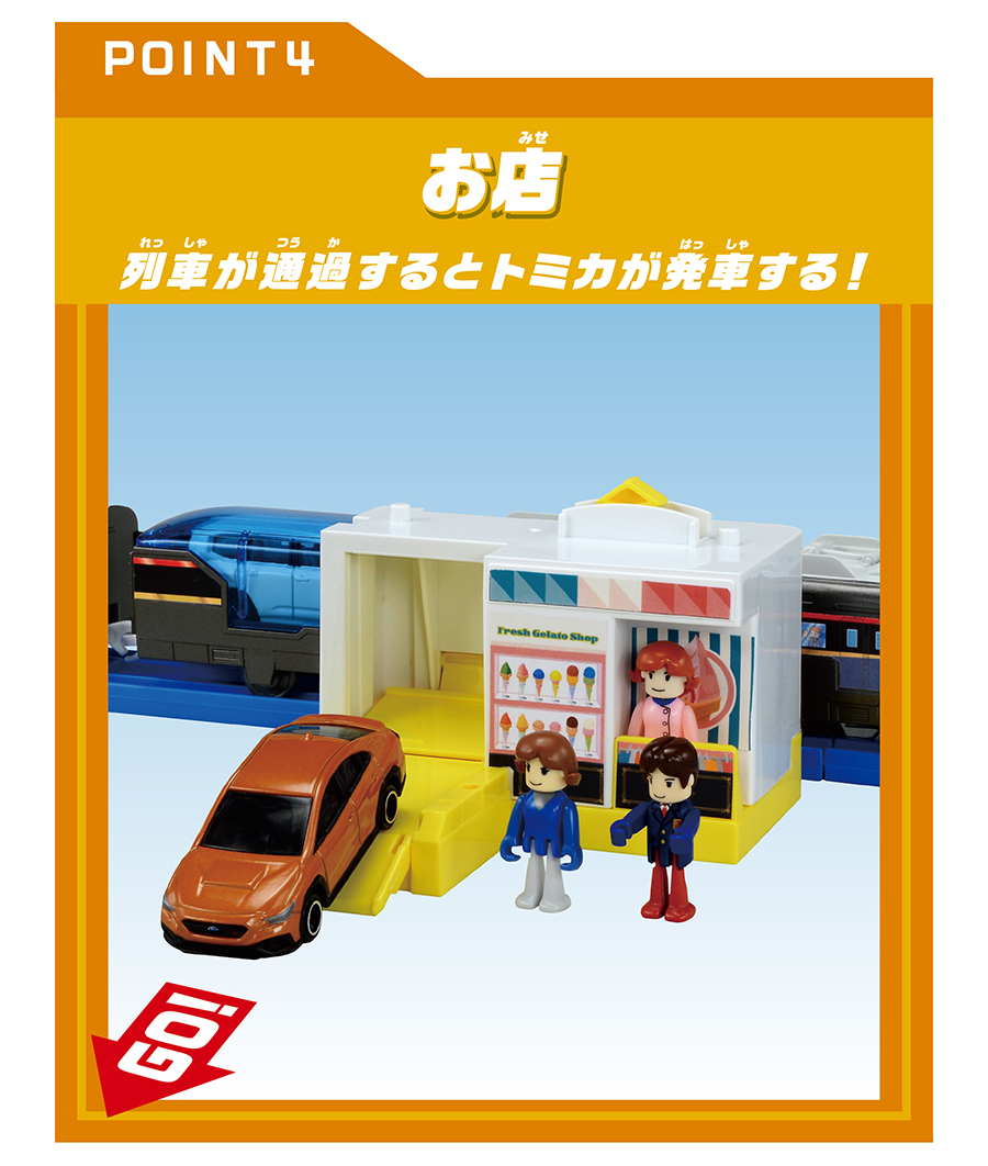 POINT4｜お店｜列車が通過するとトミカが発車する！｜GO！