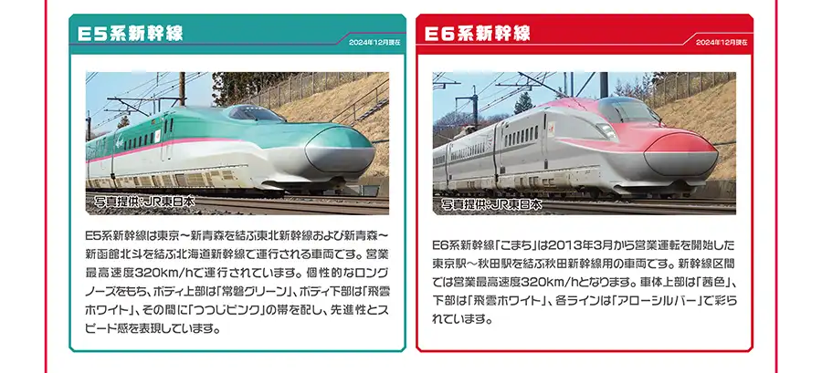 「E5系新幹線」E5系新幹線は東京〜新青森間を結ぶ東北新幹線および新青森〜新函館北斗を結ぶ北海道新幹線で運行される車両です。営業最高速度320km/hで運行されています。個性的なロングノーズをもち、ボディ上部は「常磐グリーン」、ボディ下部は「飛雲ホワイト」、その間に「つつじピンク」の帯を配し、先進性とスピード感を表現しています。｜「E6系新幹線」E6系新幹線「こまち」は2013年3月から営業運転を開始した東京駅〜秋田駅を結ぶ秋田新幹線用の車両です。新幹線区間では営業最高速度320km/hとなります。車体上部は「茜色」、下部は「飛雲ホワイト」、各ラインは「アローシルバー」で彩られています。