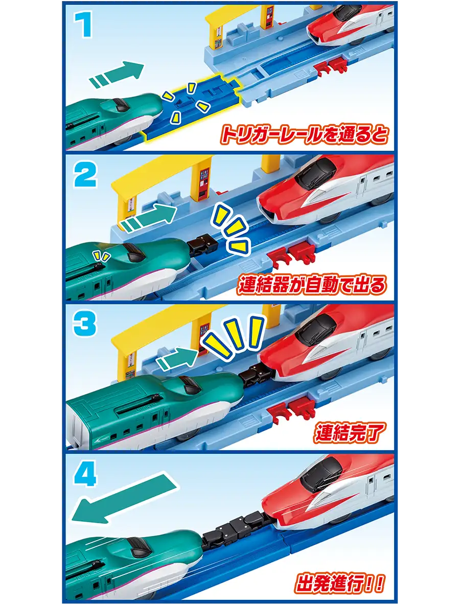 (1)トリガーレールを通ると｜(2)連結器が自動で出る｜(3)連結完了｜(4)出発進行!!