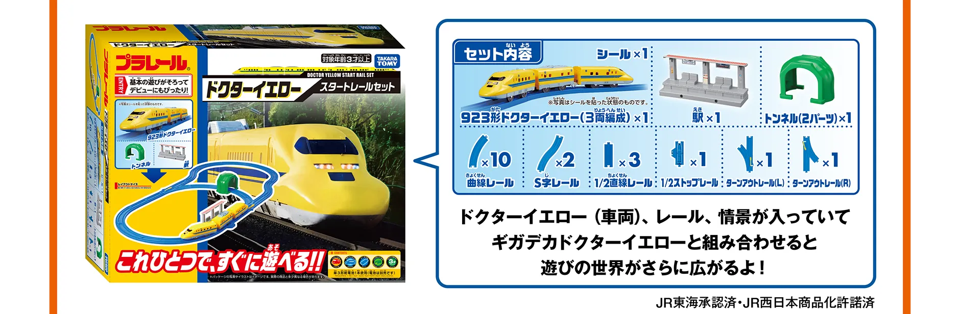 『ドクターイエロースタートレールセット』｜ドクターイエロー（車両）、レール、情景が入っていてギガデカドクターイエローと組み合わせて遊びの世界がさらに広がります！