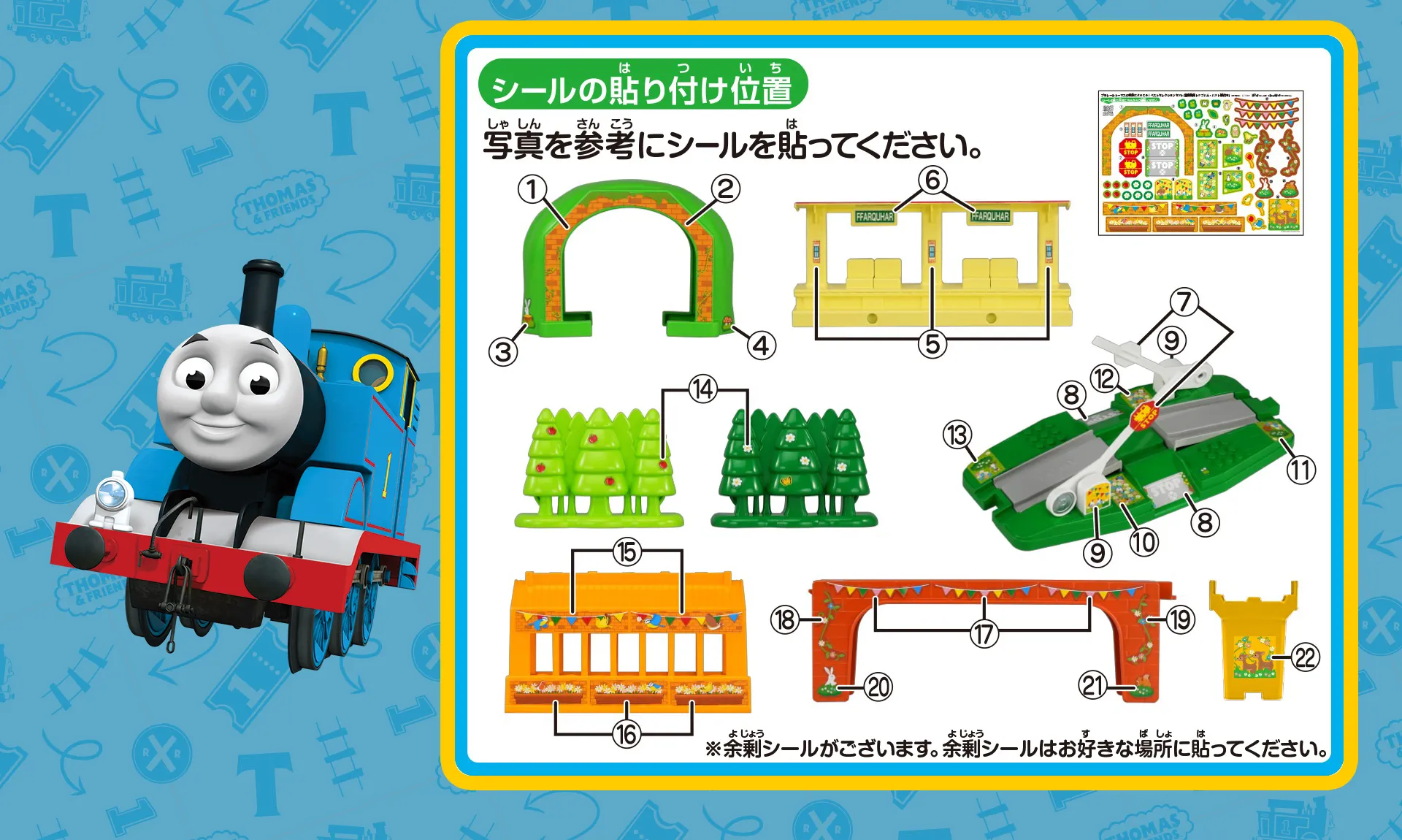 シールの貼り付け位置｜写真を参考にシールを貼ってください。｜※余剰シールがございます。余剰シールはお好きな場所に貼ってください。