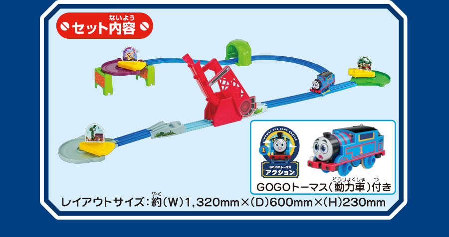 セット内容｜GOGOトーマス（動力車）付き｜レイアウトサイズ：約(W)1,320mm×(D)600mm×(H)230mm