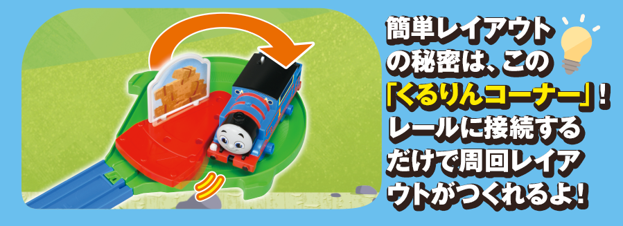 簡単レイアウトの秘密は、この「くるりんコーナー」！レールに接続するだけで周回レイアウトがつくれるよ！
