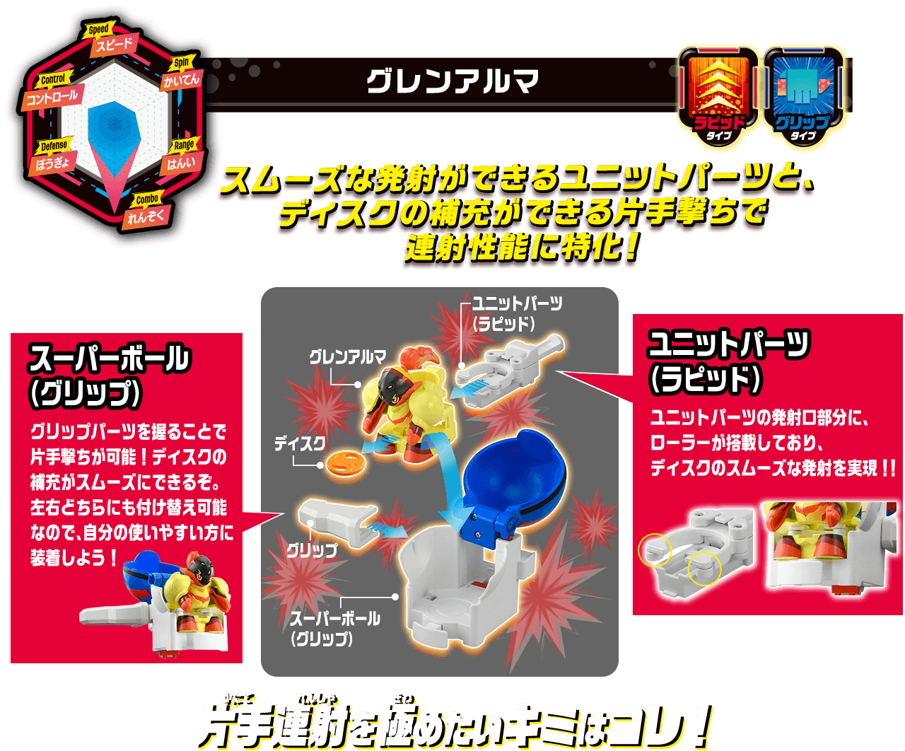スムーズな発射ができるユニットパーツと、ディスクの補充ができる片手撃ちで連射性能に特化！