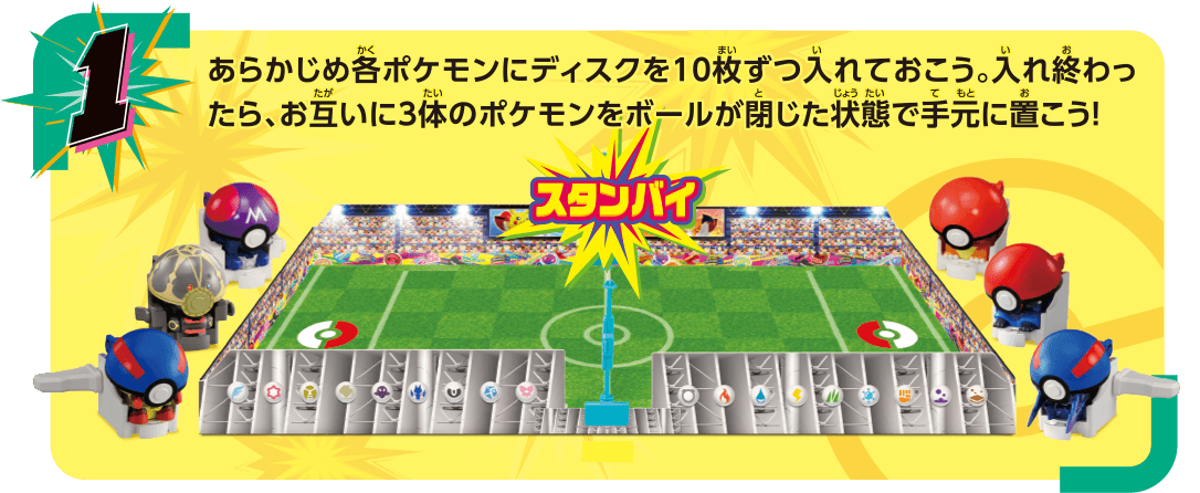 あらかじめ各ポケモンにディスクを10枚ずつ入れておこう。入れ終わったら、お互いに3体のポケモンをボールが閉じた状態で手元に置こう！