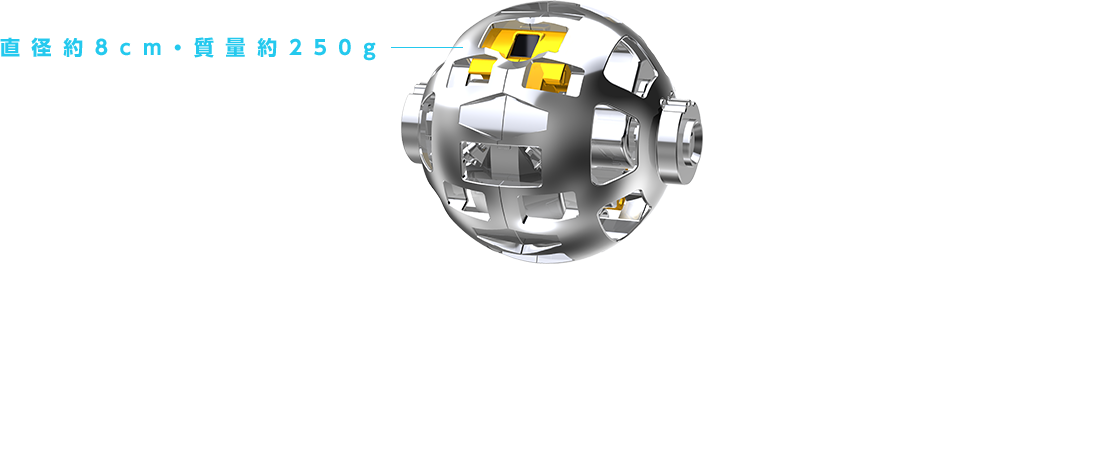 直径約8cm・質量約250g 玩具開発で培われた技術によって、超小型・超軽量を実現。 球体から月面ロボットへ変形