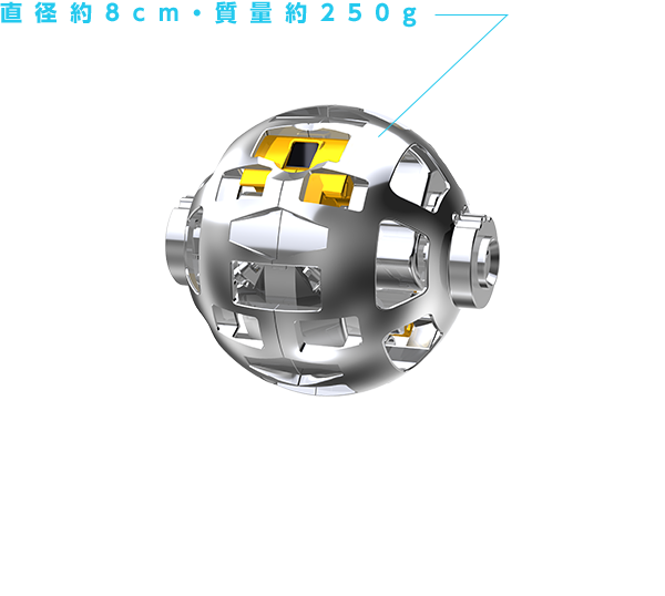 直径約8cm・質量約250g 玩具開発で培われた技術によって、超小型・超軽量を実現。 球体から月面ロボットへ変形