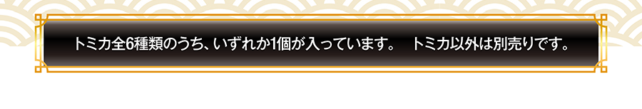 トミカ全6種のうち、いずれか1個が入っています。トミカ以外は別売です。