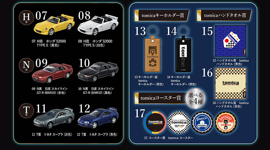 H賞：07 H賞 ホンダ S2000 TYPE S(黄色)｜08 H賞 ホンダ S2000 TYPE S(白色)｜N賞：09 N賞 日産 スカイライン GT-R(BNR32)(赤色)｜10 N賞 日産 スカイライン GT-R(BNR32)(黒色)｜T賞：11 T賞 トヨタ スープラ(灰色)｜12 T賞 トヨタ スープラ(青色)｜tomicaキーホルダー賞：13 キーホルダー賞 tomicaキーホルダー(茶色)｜14 キーホルダー賞 tomicaキーホルダー(黒色)｜tomicaハンドタオル賞：14 ハンドタオル賞 tomicaハンドタオル(青色)｜16 ハンドタオル賞 tomicaハンドタオル(茶色)｜選べる全4種・tomicaコースター賞：17 コースター賞 tomicaコースター