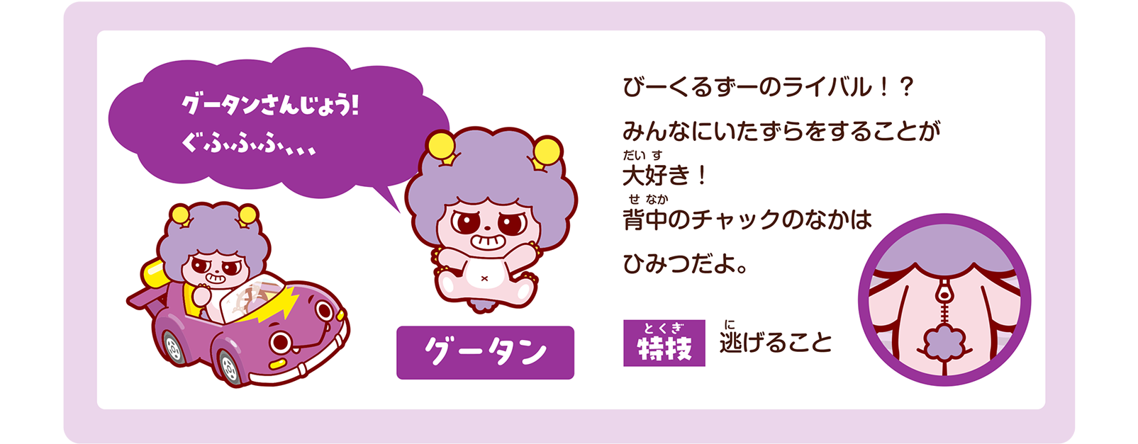 グータン「グータンさんじょう！ ぐふふふ、、、」びーくるずーのライバル！？ みんなにいたずらをすることが大好き！ 背中のチャックのなかはひみつだよ。特技：逃げること