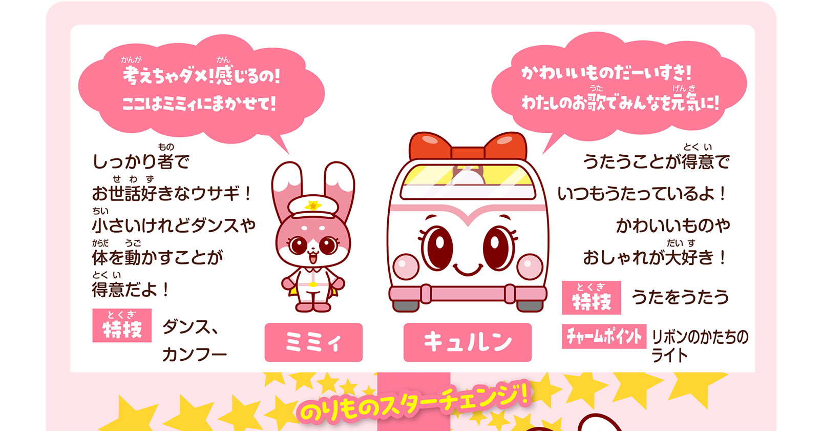 ミミィ「考えちゃダメ！感じるの！ここはミミィにまかせて！」しっかり者でお世話好きなウサギ！ 小さいけれどダンスや体を動かすことが得意だよ！ 特技：ダンス、カンフー｜キュルン「かわいいものだーいすき！ わたしのお歌でみんなを元気に！」うたうことが得意でいつもうたっているよ！ かわいいものやおしゃれが大好き！ 特技：うたをうたう チャームポイント：リボンのかたちのライト｜のりものスターチェンジ！