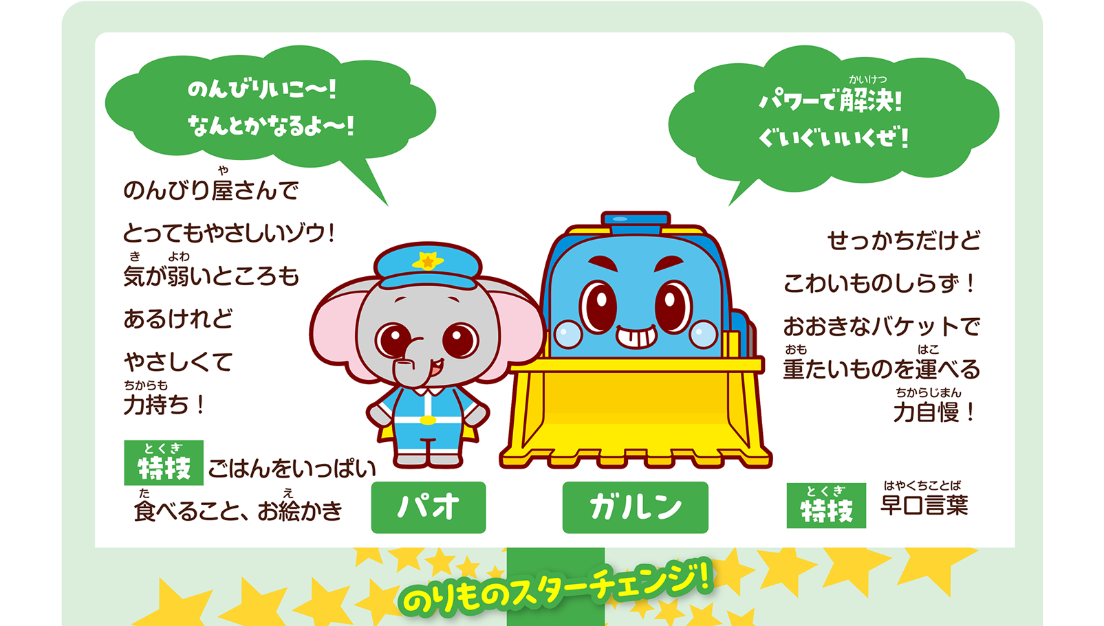 パオ「のんびりいこ〜！なんとかなるよ〜！」のんびり屋さんでとってもやさしいゾウ！ 気が弱いところもあるけれどやさしくて力持ち！ 特技：ごはんをいっぱい食べること、お絵かき｜ガルン「パワーで解決！ぐいぐいいくぜ！」せっかちだけどこわいものしらず！ おおきなバケットで重たいものを運べる力自慢！ 特技：早口言葉｜のりものスターチェンジ！