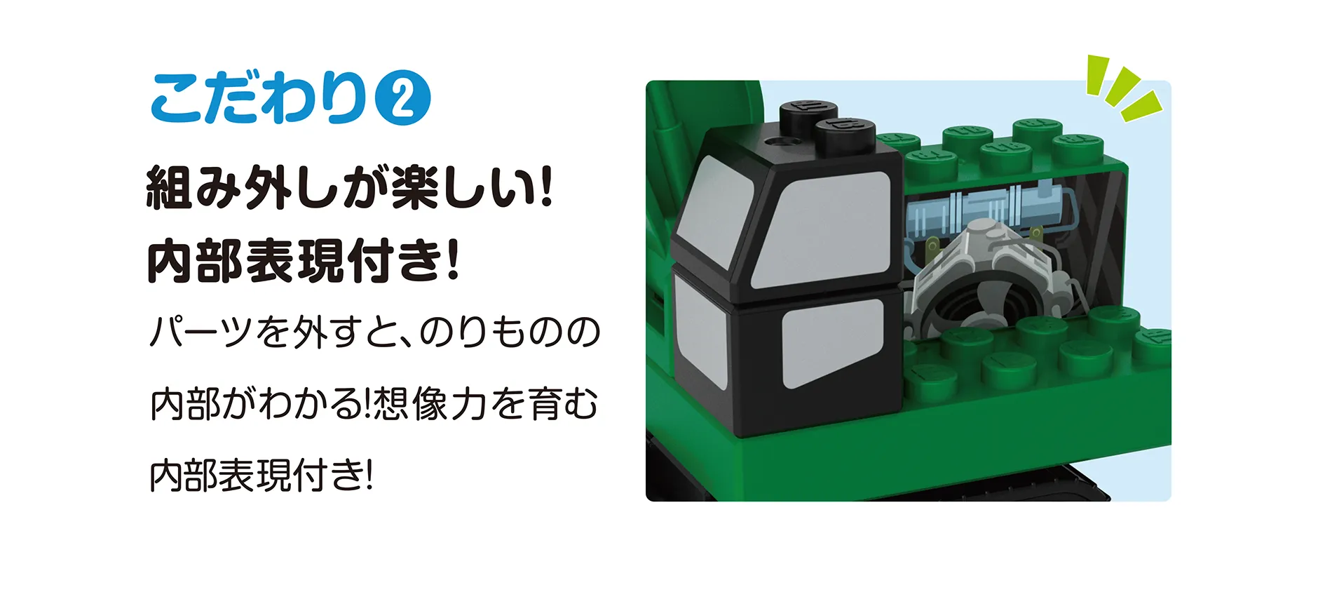 こだわり(2)｜組み外しが楽しい！内部表現付き！｜パーツを外すと、のりものの内部がわかる！想像力を育む内部表現付き！
