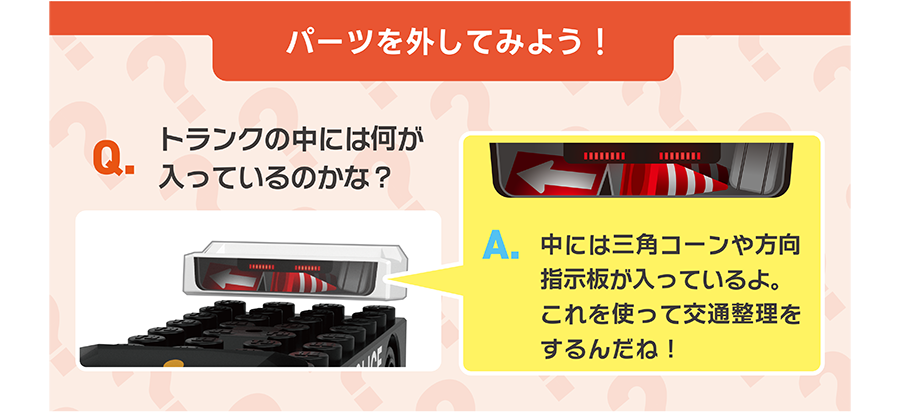 パーツを外してみよう！｜Q.トランクの中には何が入っているのかな？｜A.中には三角コーンや方向指示板が入っているよ。これを使って交通整理をするんだね！