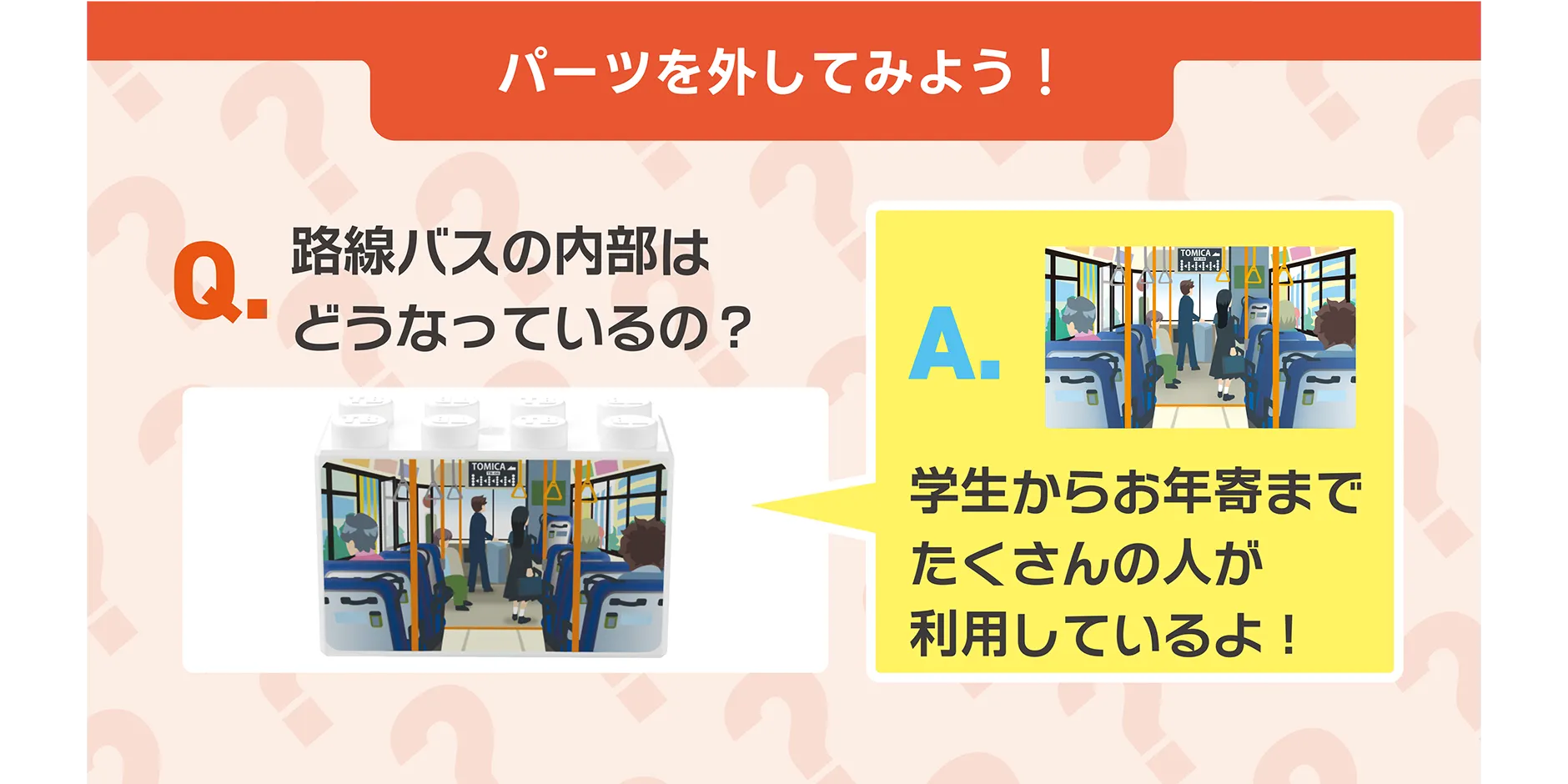 パーツを外してみよう！｜Q.路線バスの内部はどうなっているの？｜A.学生からお年寄までたくさんの人が利用しているよ！